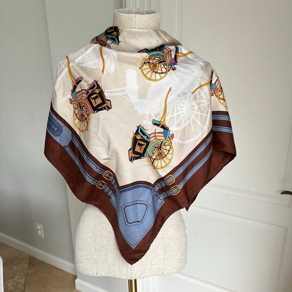 Coach Silk Scarf – Vintage-Style Carriage Print, Made in Italy